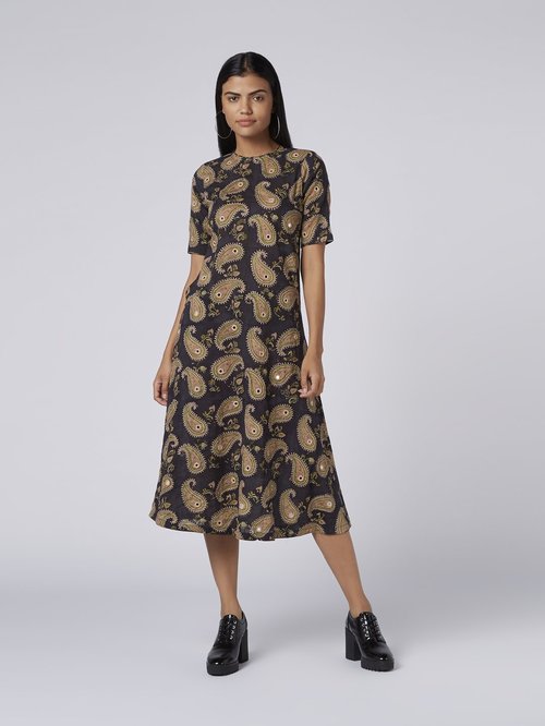 Okhai Black Flair Pure Cotton Paisley Printed A-Line Dress Price in India