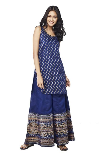 Global Desi Ink Blue Printed Kurta With Palazzo Price in India