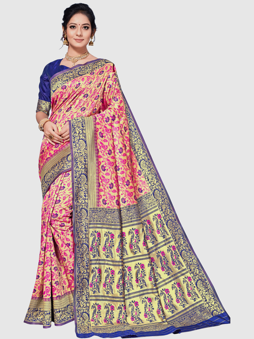 Saree Mall Golden & Blue Woven Saree With Unstitched Blouse Price in India