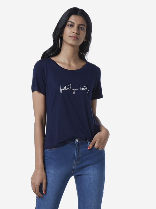 LOV by Westside Navy Sherry Text Pattern T-Shirt Price in India