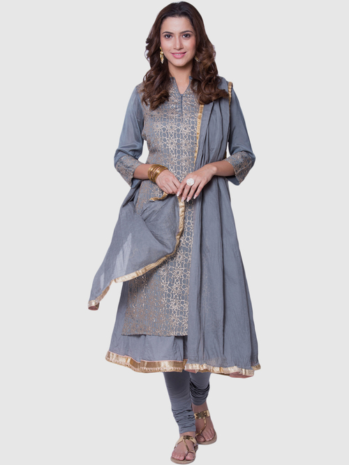 Biba Grey Cotton Embroidered Kurta Churidar Set With Dupatta Price in India