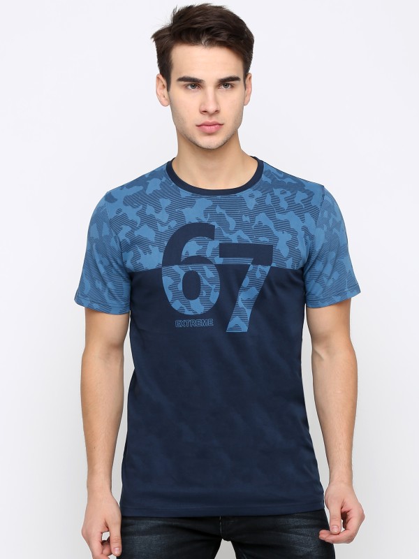 Printed Men Round Neck Blue T-Shirt Price in India