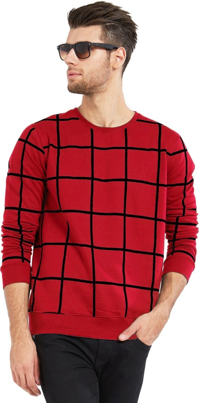 Checkered Men Round Neck Red, Black T-Shirt Price in India