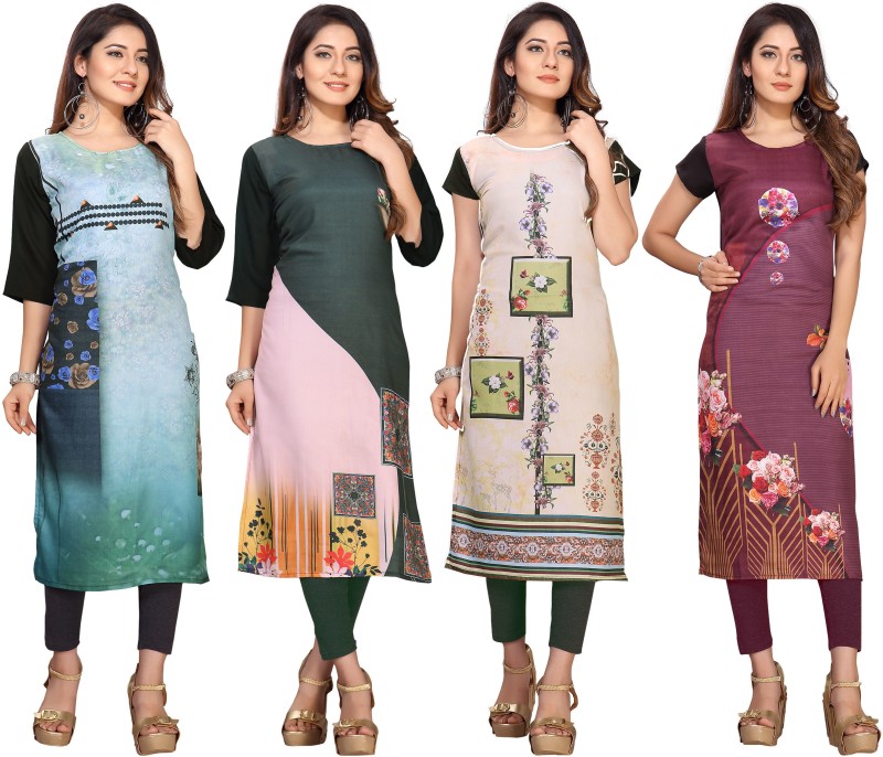 Women Printed Crepe Straight Kurta Price in India