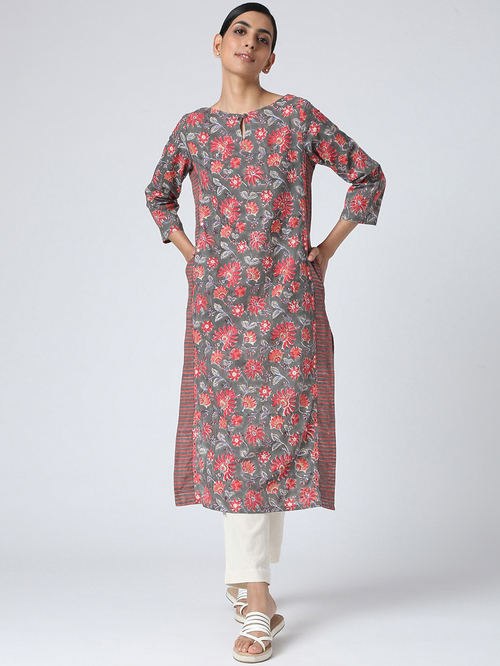 Okhai Bahaar Grey Pure Cotton Floral Print Stright Kurta Price in India