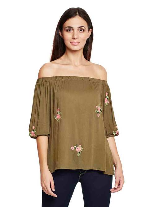 Oxolloxo Olive Floral Print Emb Tale Top Price in India