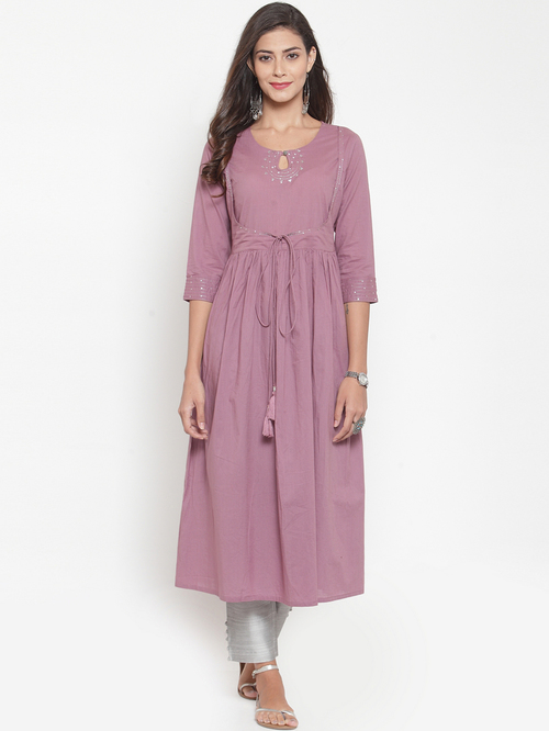 Varanga Mauve & Grey Cotton Kurti Pant Set Price in India