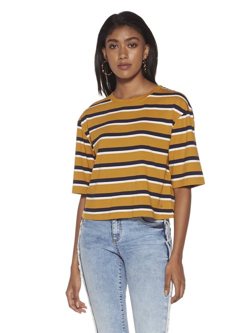 Nuon by Westside Mustard Stripe Print Cotton T-Shirt Price in India