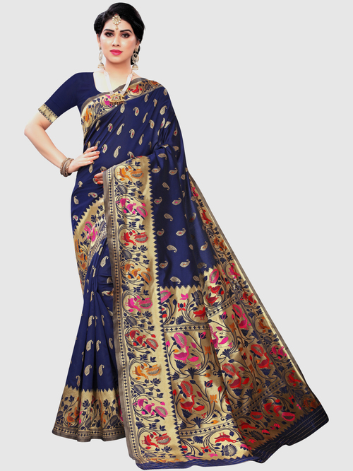 Saree Mall Navy & Golden Woven Saree With Unstitched Blouse Price in India