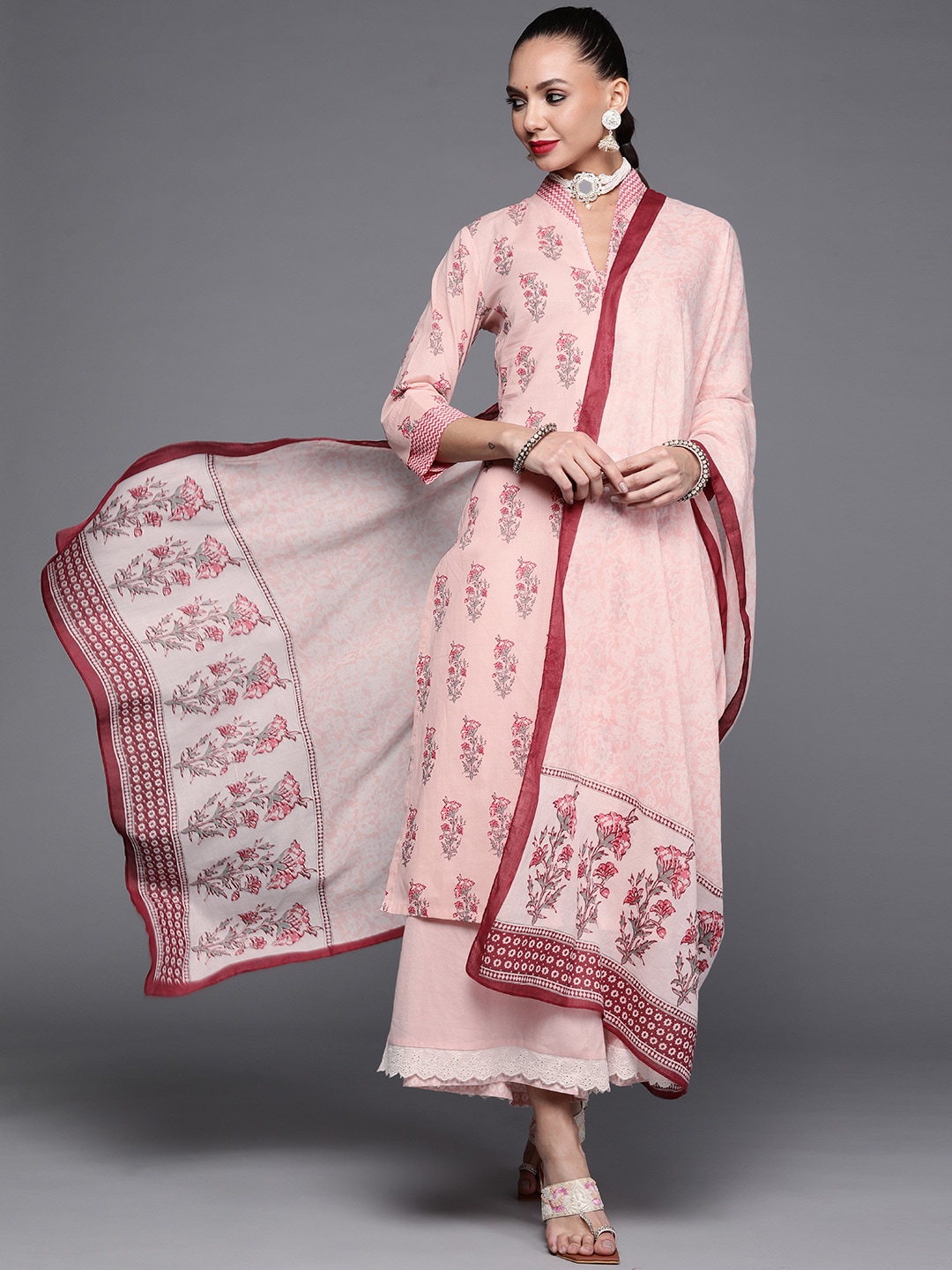 Biba Women Peach-Coloured Ethnic Motifs Printed Pure Cotton Kurta with Palazzos & Dupatta Price in India