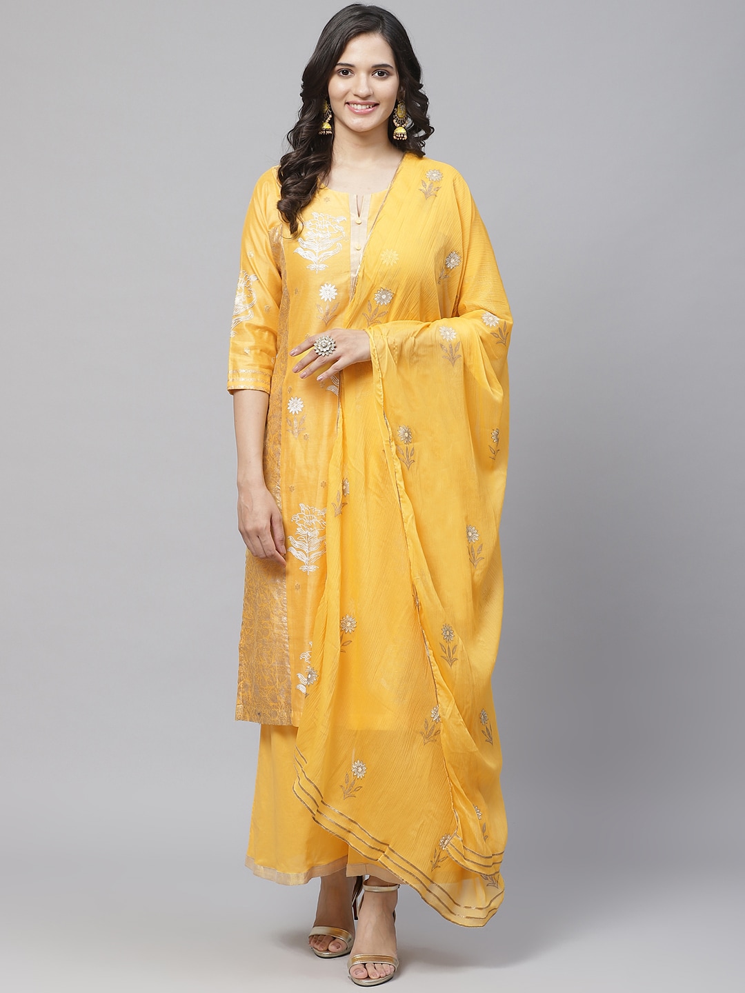 Biba Women Yellow & Silver Printed Kurta with Palazzos & Dupatta Price in India