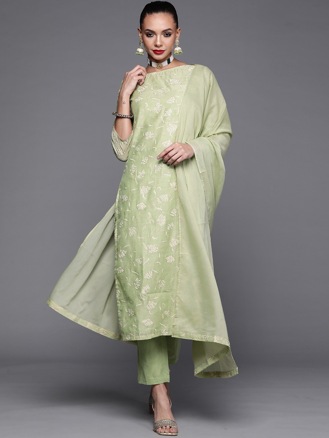 Biba Women Green Ethnic Motifs Embroidered Kurta with Trousers & With Dupatta Price in India