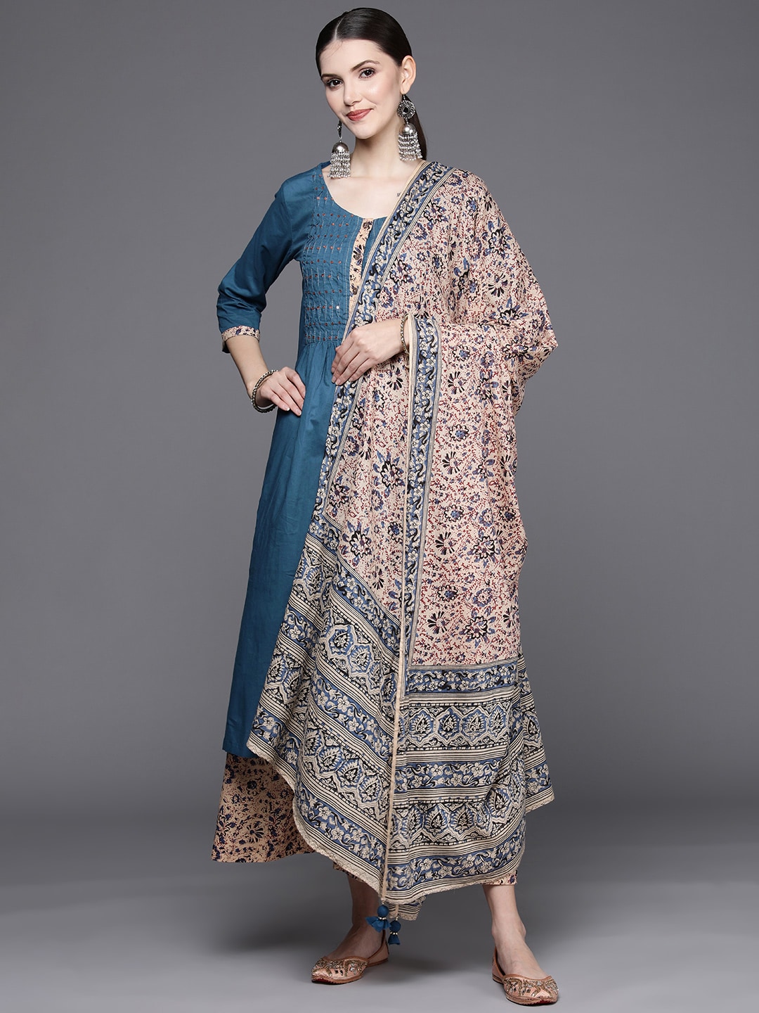 Biba Women Teal Blue & Beige Empire Sequinned Pure Cotton Kurta with Palazzos & Dupatta Price in India