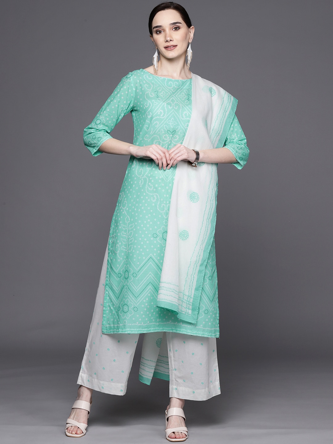 Biba Women Sea Green & White Bandhani Print Pure Cotton Kurta with Palazzos & Dupatta Price in India