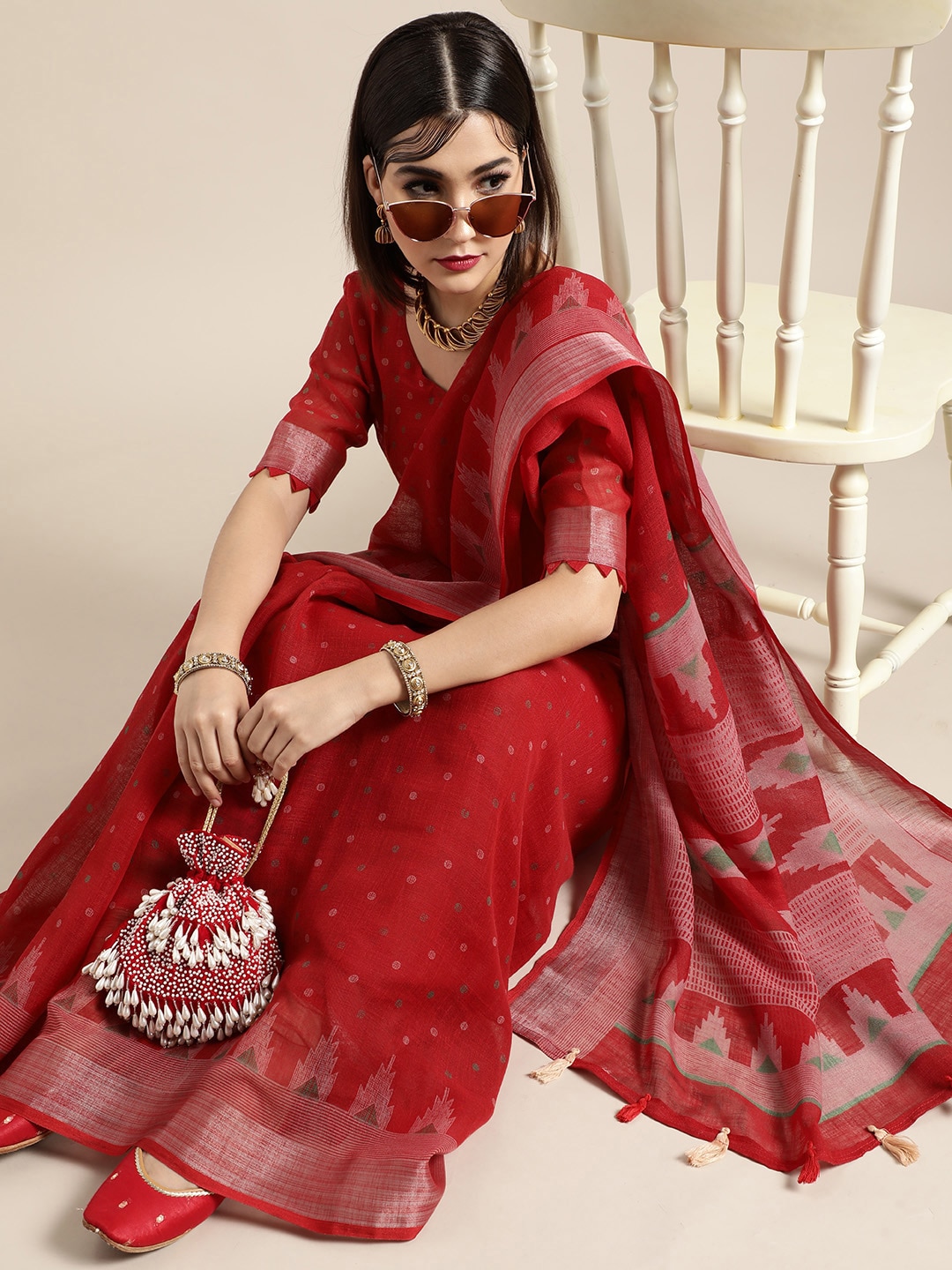 Saree Mall Blazing Red Linen Blend Saree Price in India