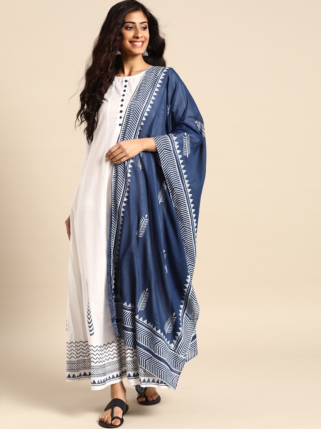 Varanga White Geometric Printed Maxi Dress With Dupatta Price in India