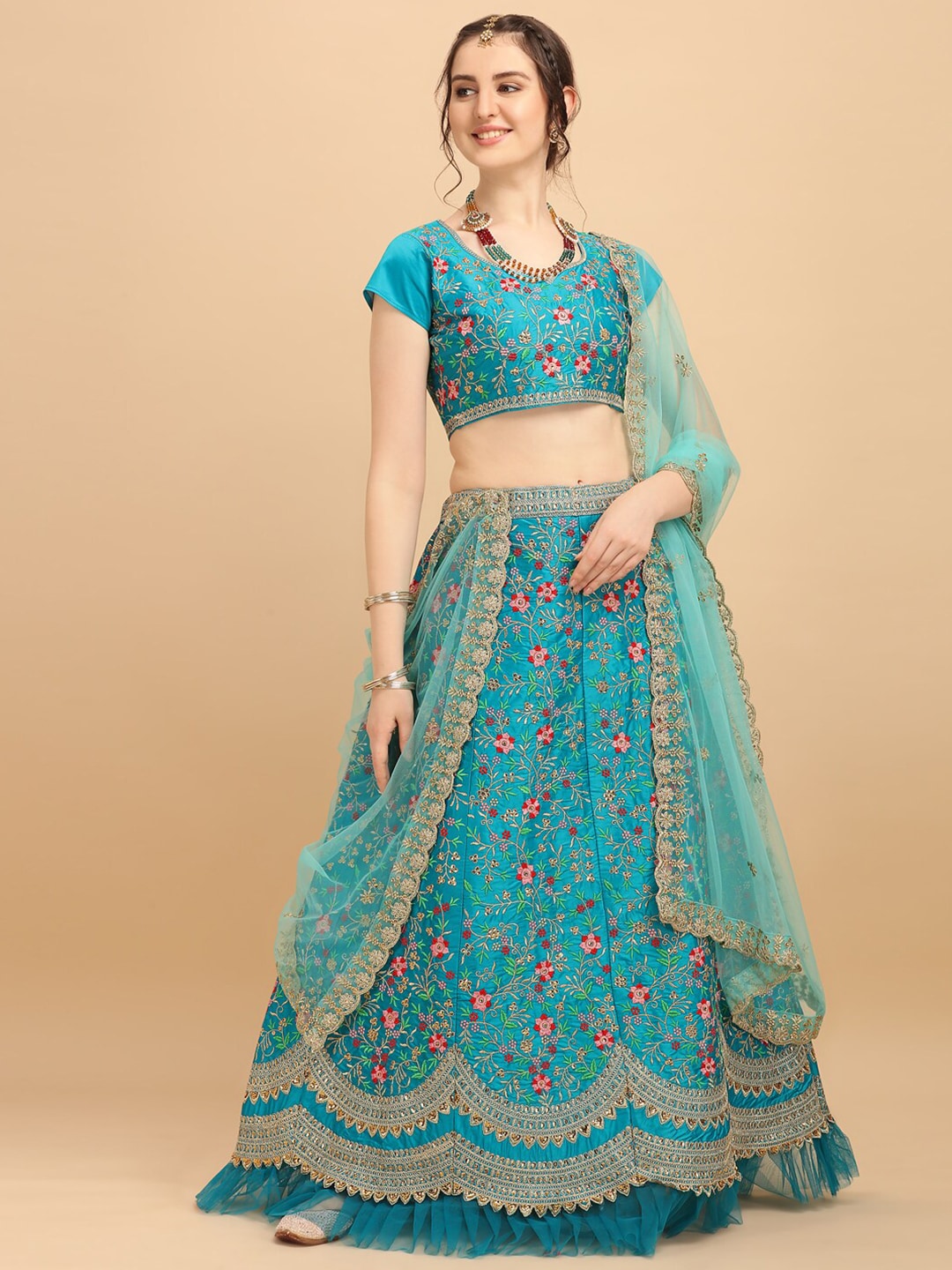 Amrutam Fab Turquoise Blue & Pink Embroidered Thread Work Ready to Wear Lehenga & Unstitched Blouse With Price in India