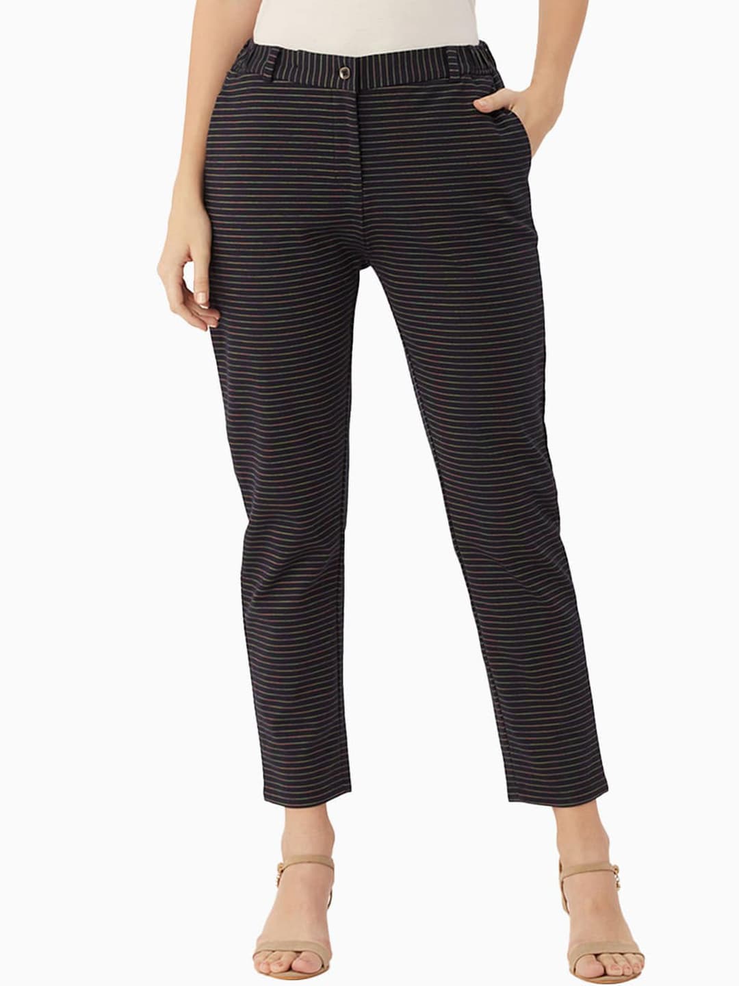 EDRIO Women Navy Blue Striped Straight Fit  Trousers Price in India