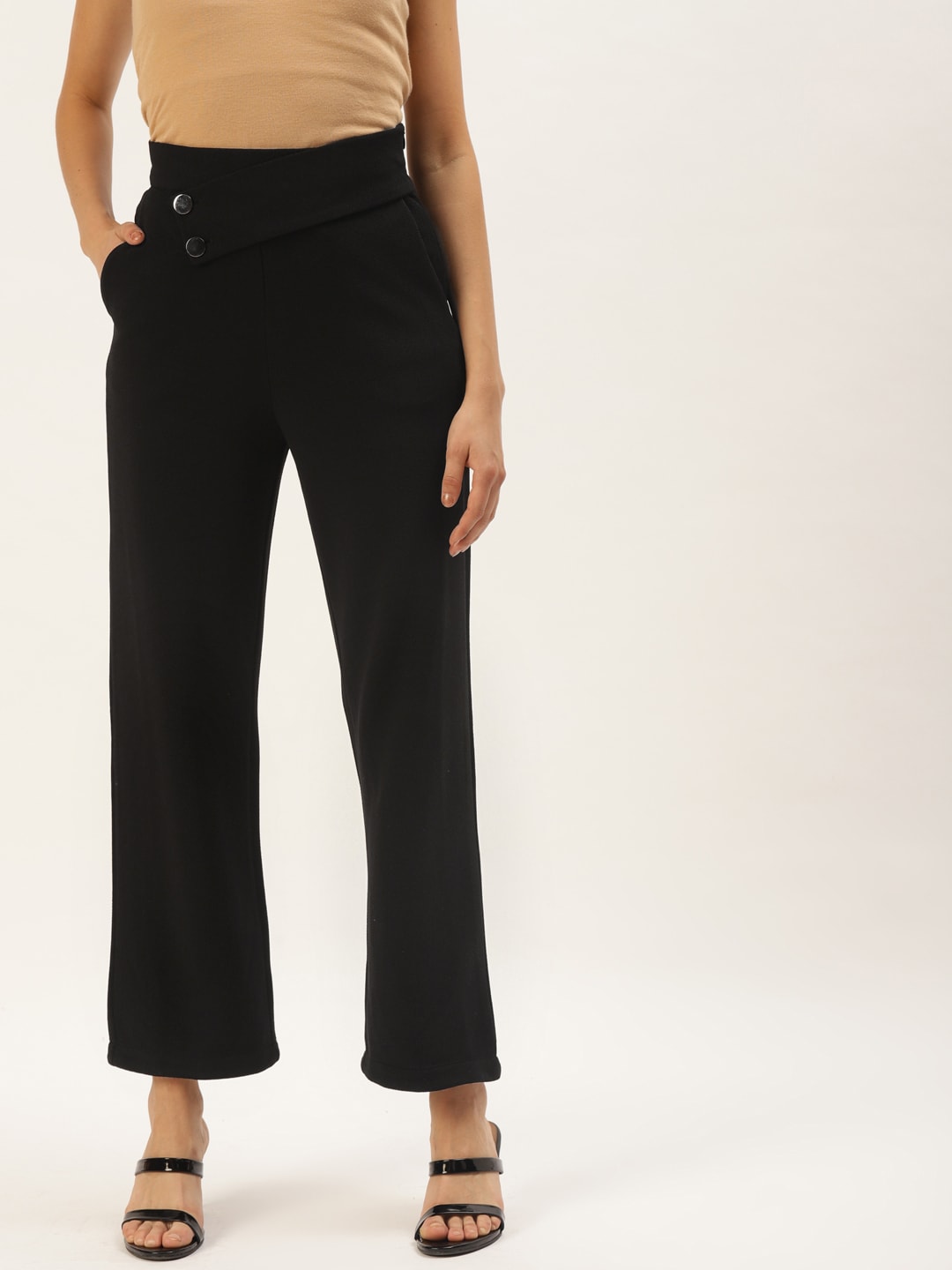 Zastraa Women Black Solid High-Rise Parallel Trousers Price in India