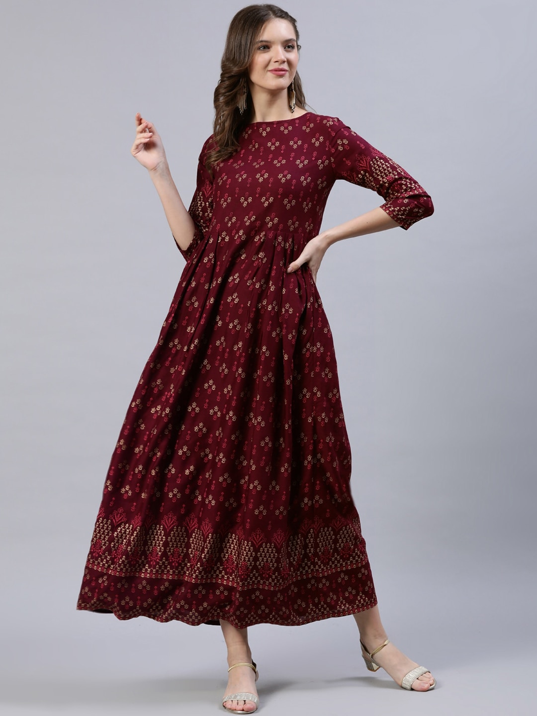 Nayo Burgundy Ethnic Motifs Maxi Dress Price in India