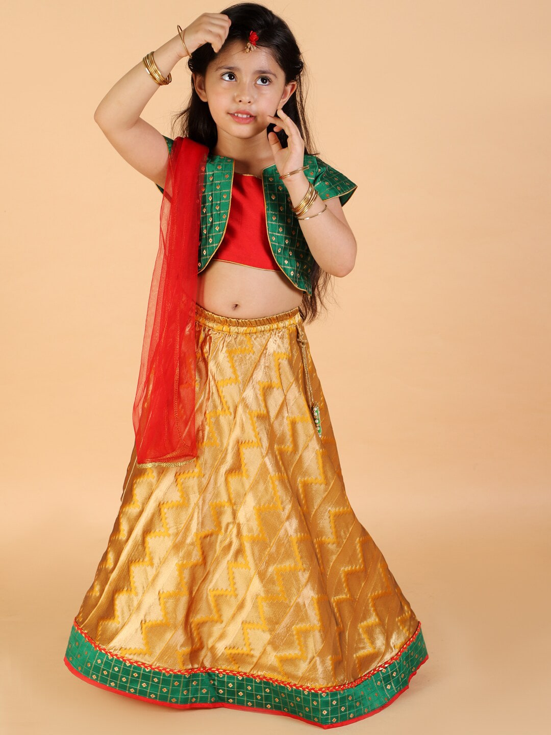 KID1 Girls Green & Gold-Toned Embellished Ready to Wear Lehenga & Blouse With Dupatta Price in India