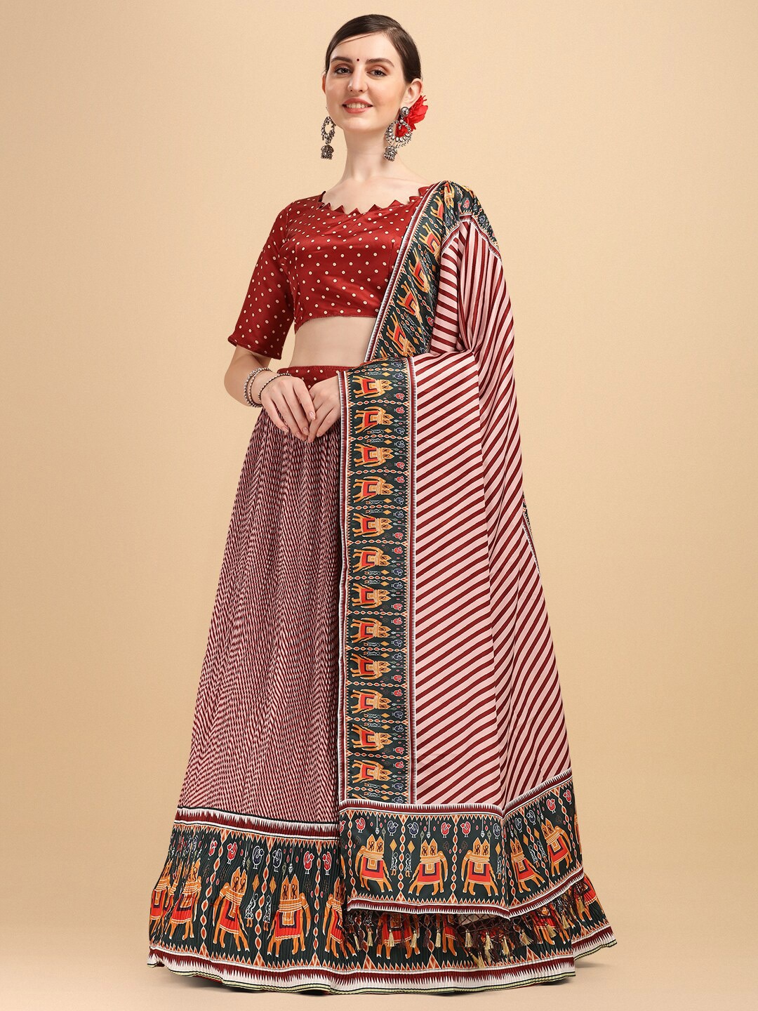 Fab Viva Maroon & Orange Printed Semi-Stitched Lehenga & Unstitched Blouse With Dupatta Price in India