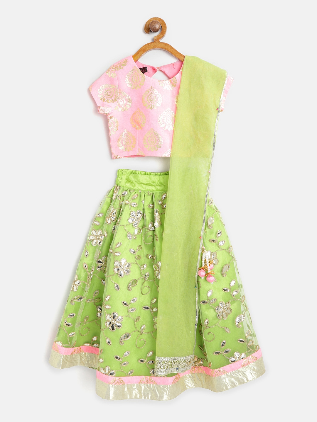 pspeaches Girls Lime Green & Pink Printed Ready to Wear Lehenga & Blouse with Dupatta Price in India