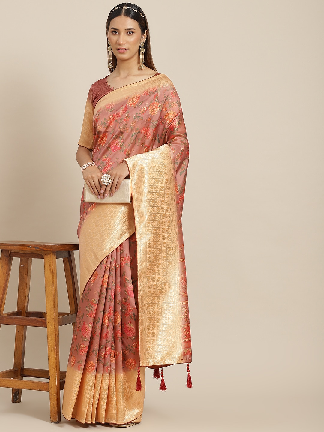 RAJGRANTH Pink & Gold-Toned Floral Zari Silk Cotton Banarasi Saree ...