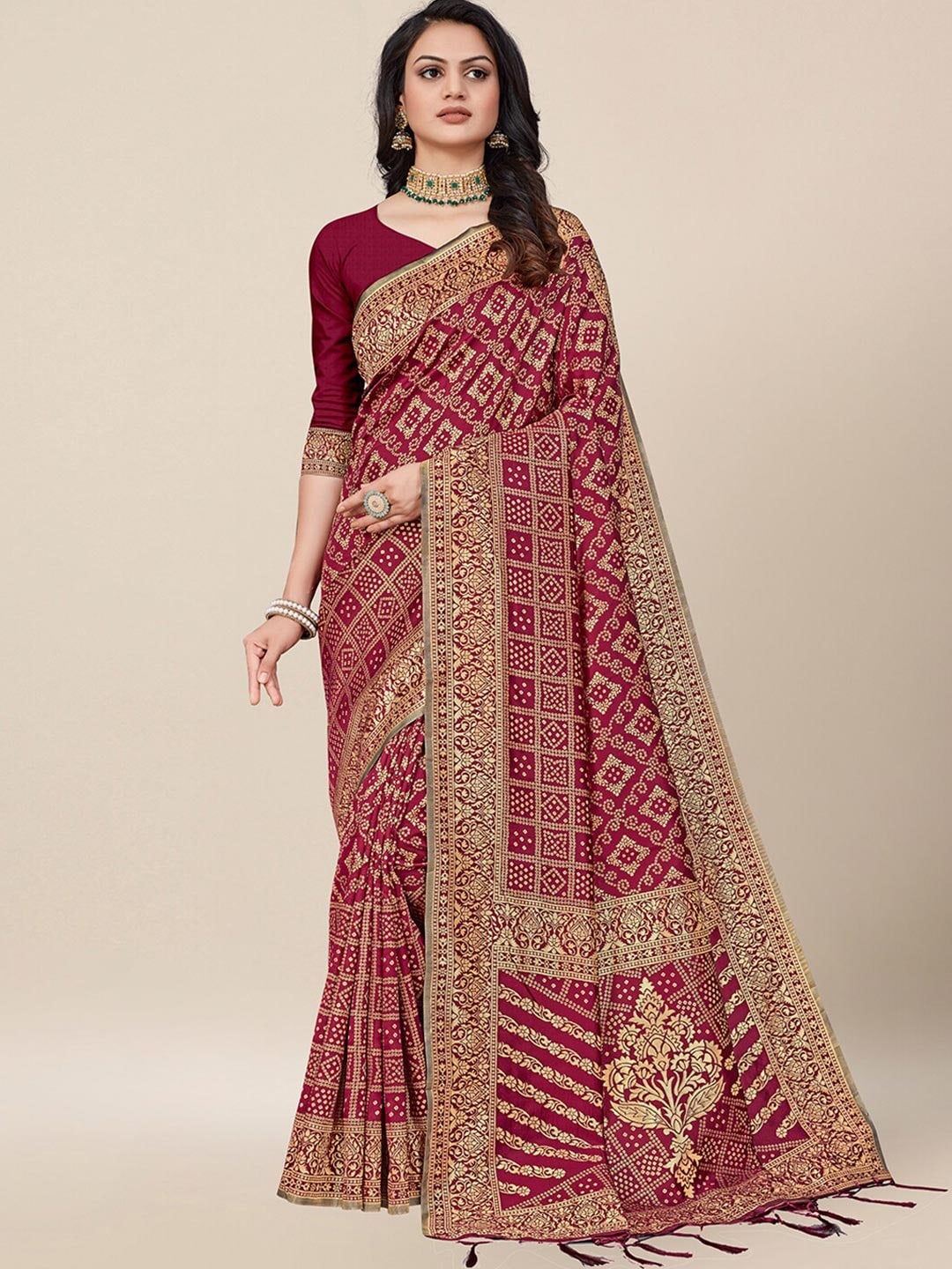 AYKA CLOTHINGS Maroon & Gold-Toned Bandhani Zari Silk Cotton ...