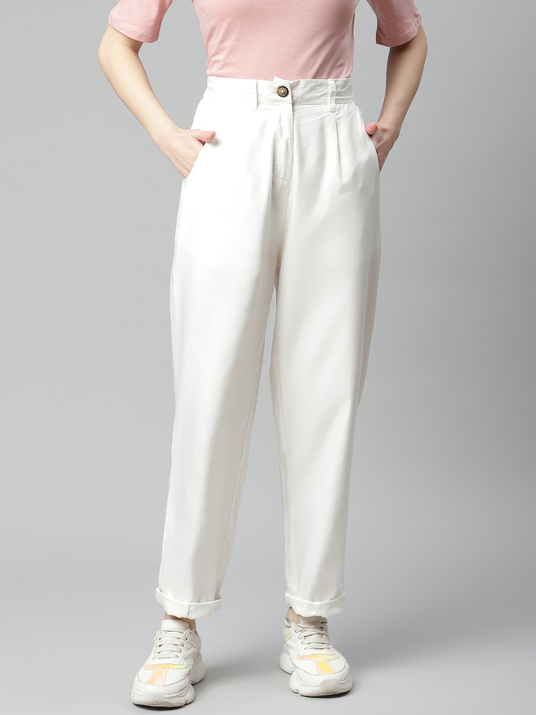 plusS Women White Solid Regular Trousers Price in India