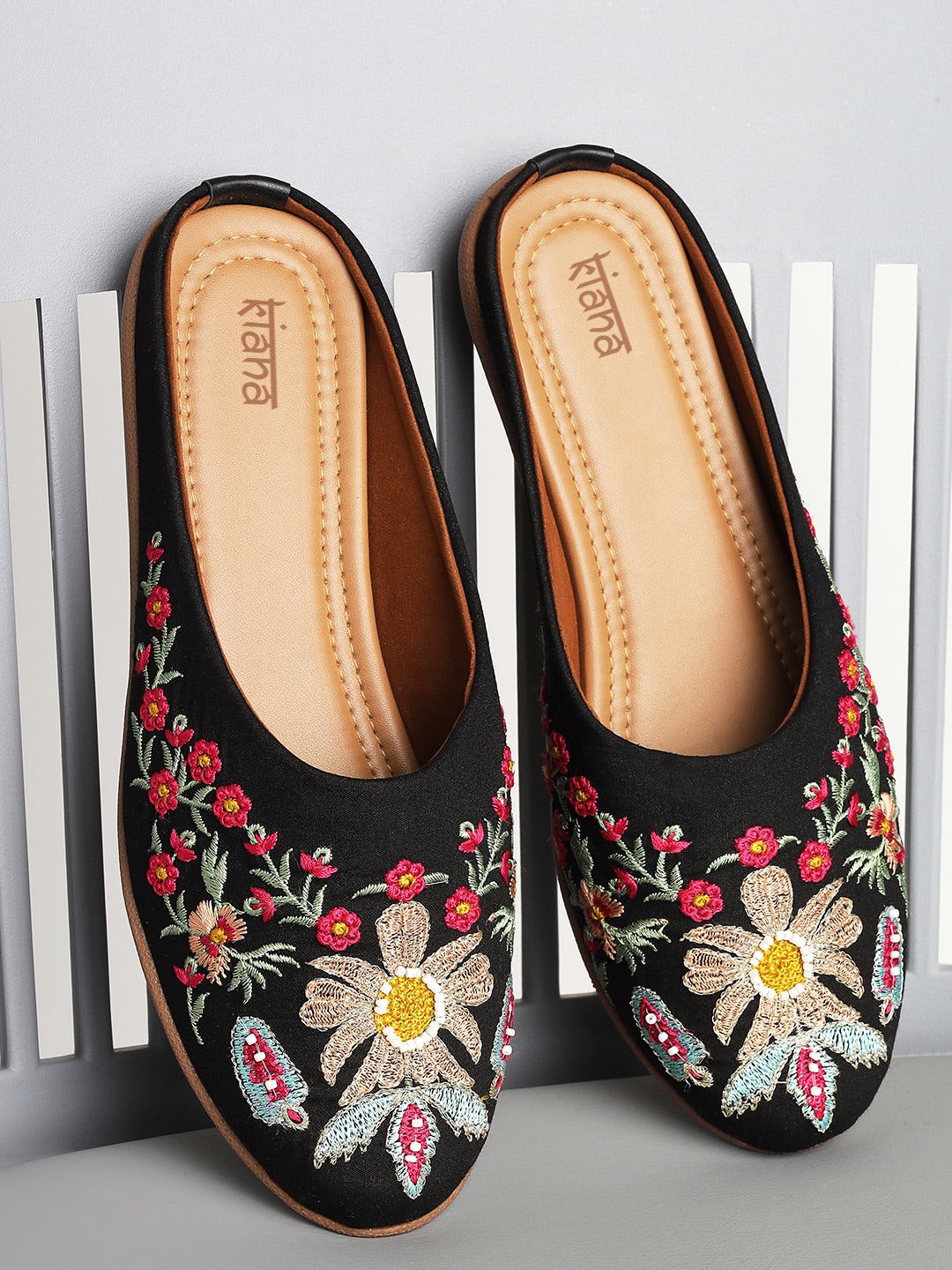 Kiana Women Black Floral Embroidered Mules Flats Price in India