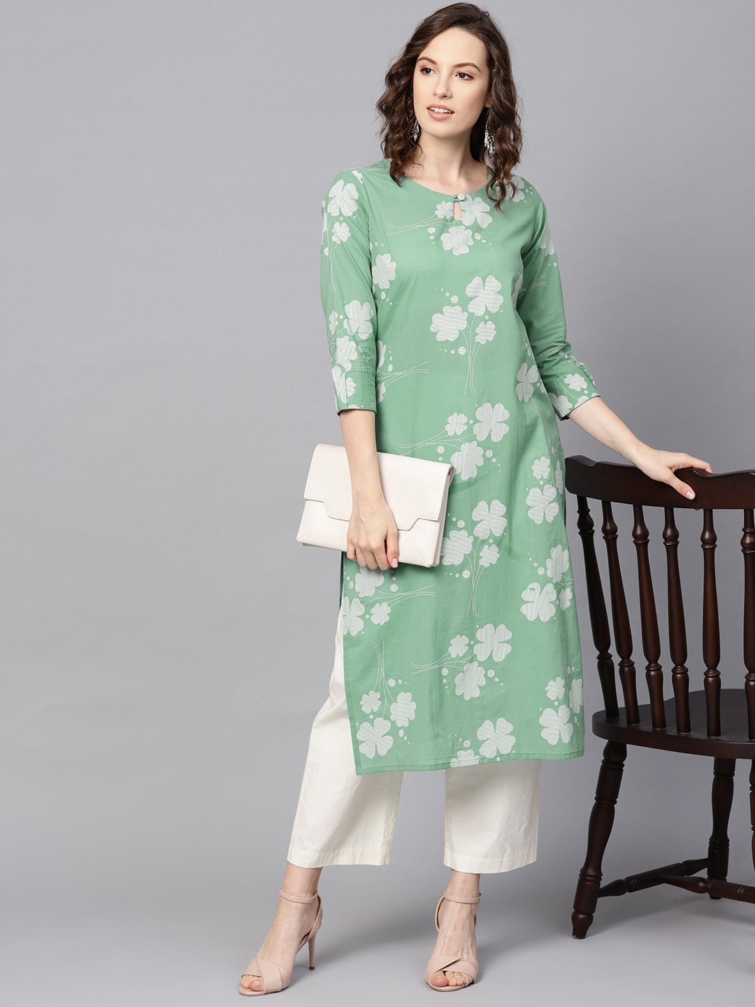 AHIKA Floral Print Straight Cotton Kurta With Keyhole Neck Price in India