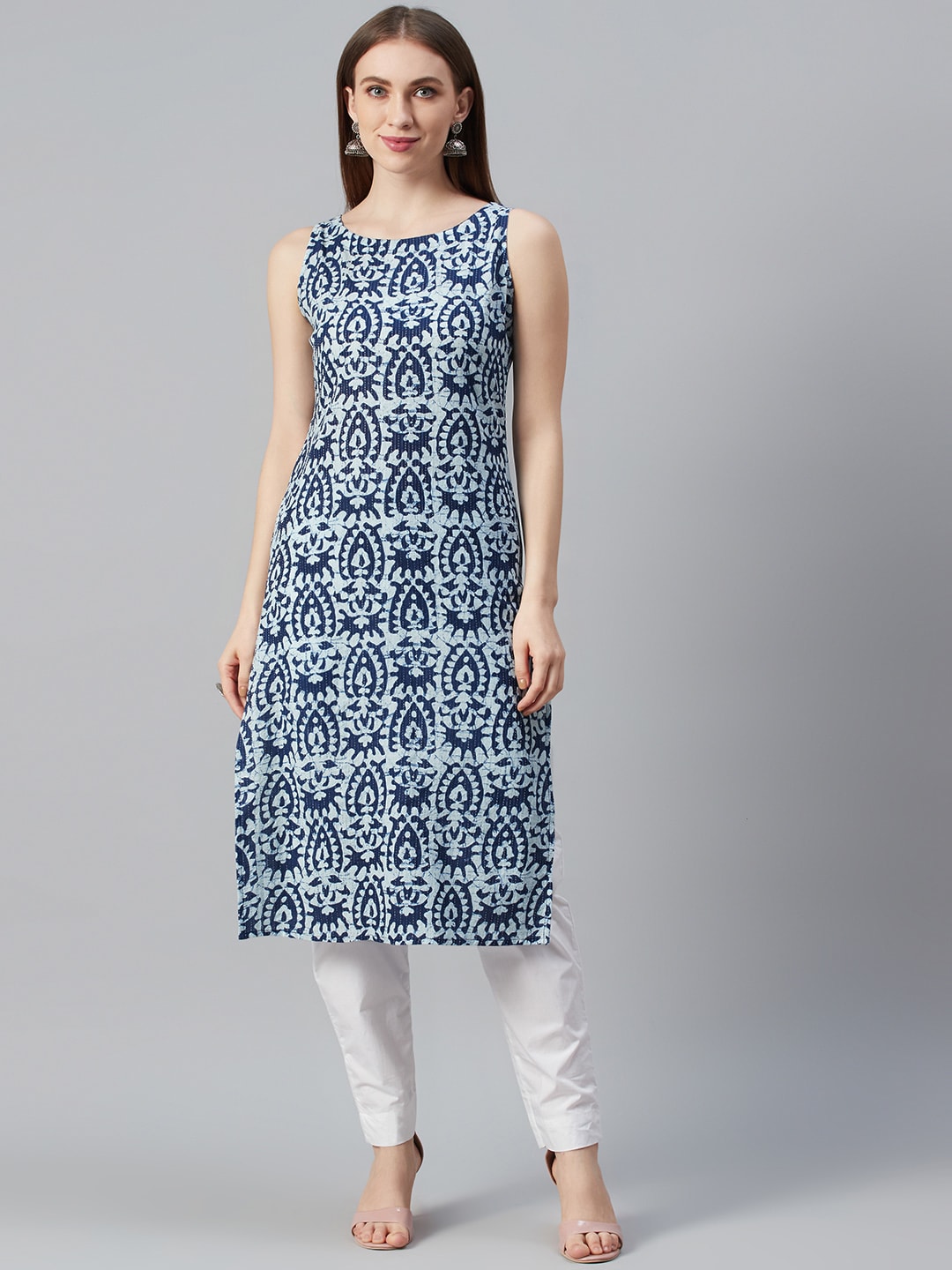 anayna Women Navy Blue & White Printed Straight Kurta Price in India