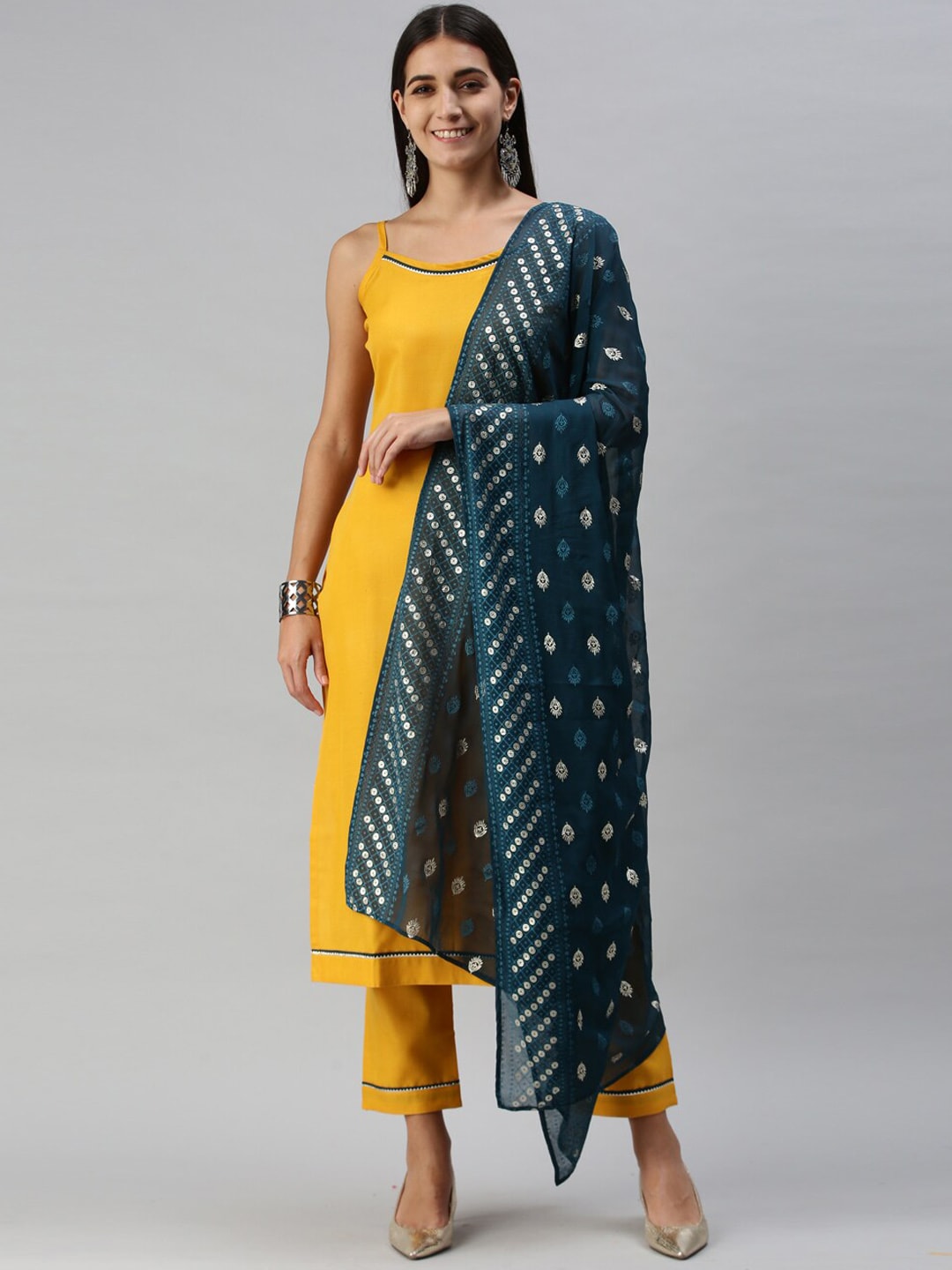 SheWill Women Mustard Yellow Striped Panelled Gotta Patti Kurti with Trousers & With Dupatta Price in India