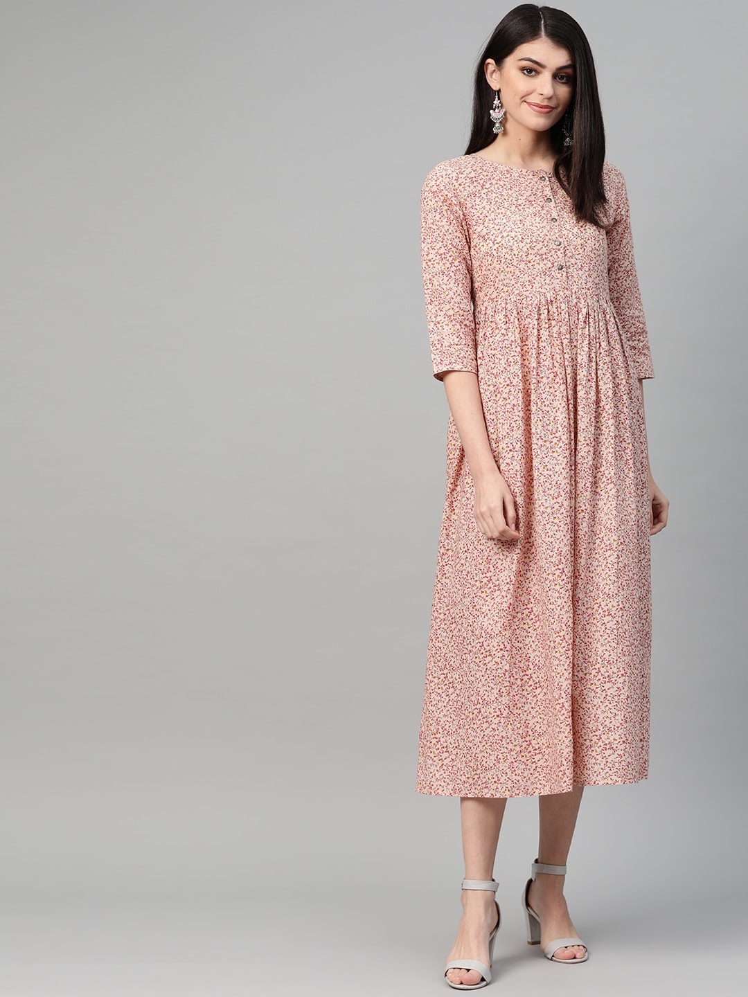 Nayo Peach-Coloured & Pink Floral Printed Cotton Maxi Dress Price in India