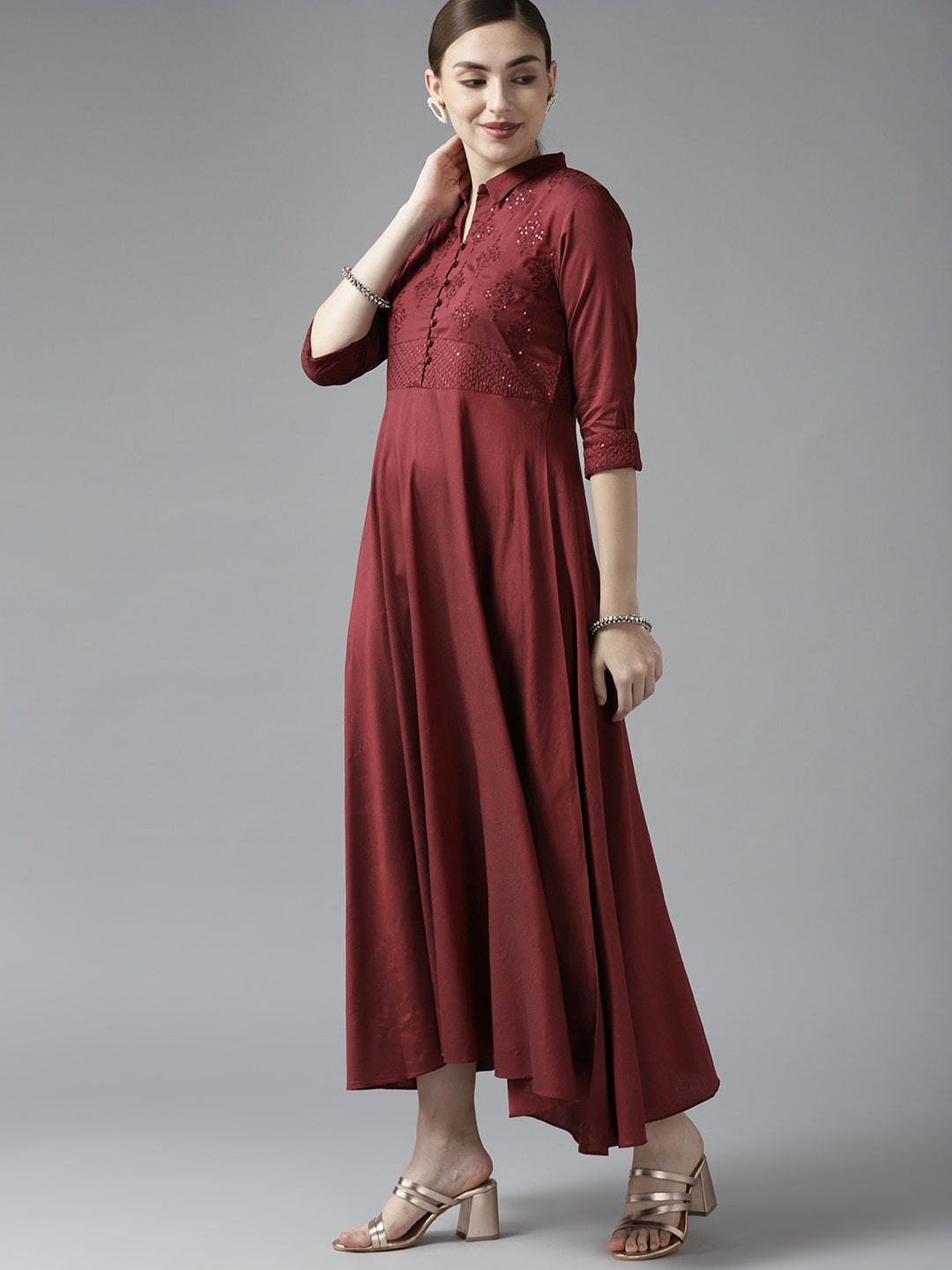 W Maroon Ethnic Motifs Embroidered Maxi Dress Price in India