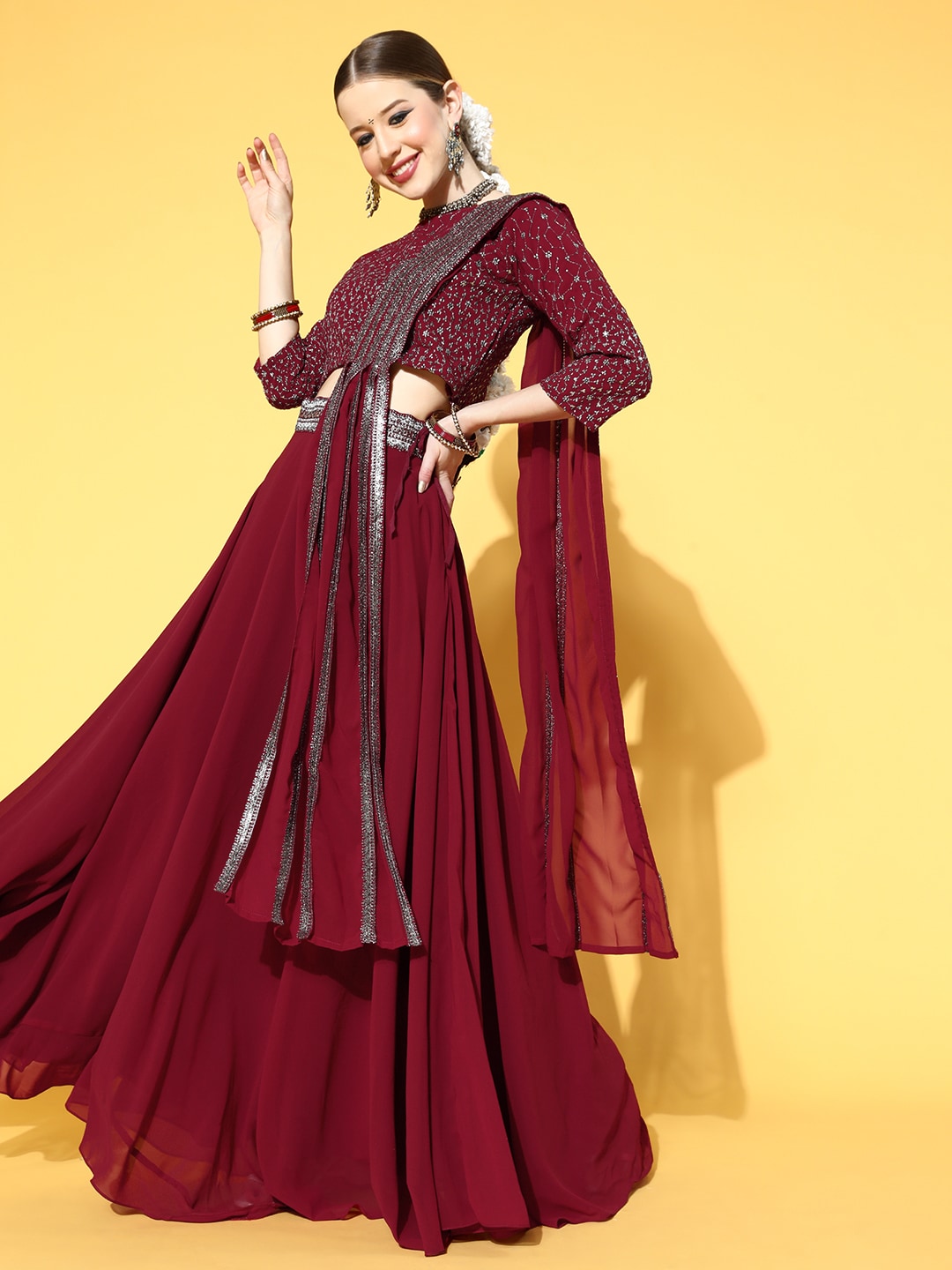 Kvsfab Charming Maroon Embroidered Ready to Wear Lehenga Choli with Dupatta Price in India