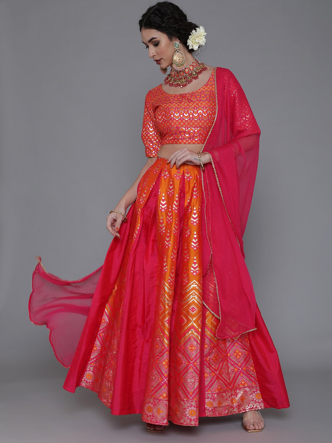 saubhagya Pink & Orange Woven design Ready to Wear Lehenga & Blouse With Dupatta Price in India