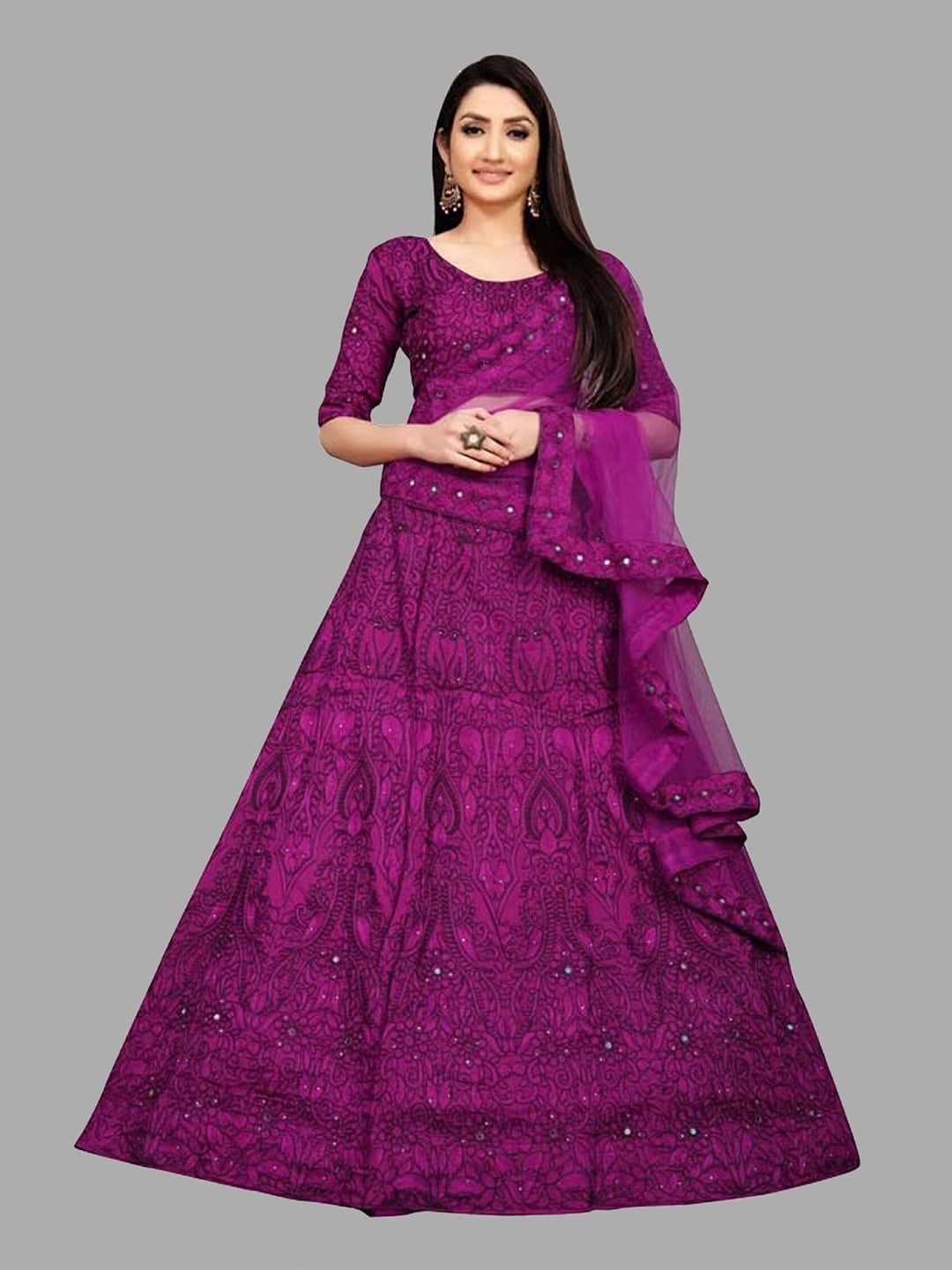 Fashionuma Purple Embroidered Semi-Stitched Lehenga & Blouse With Dupatta Price in India