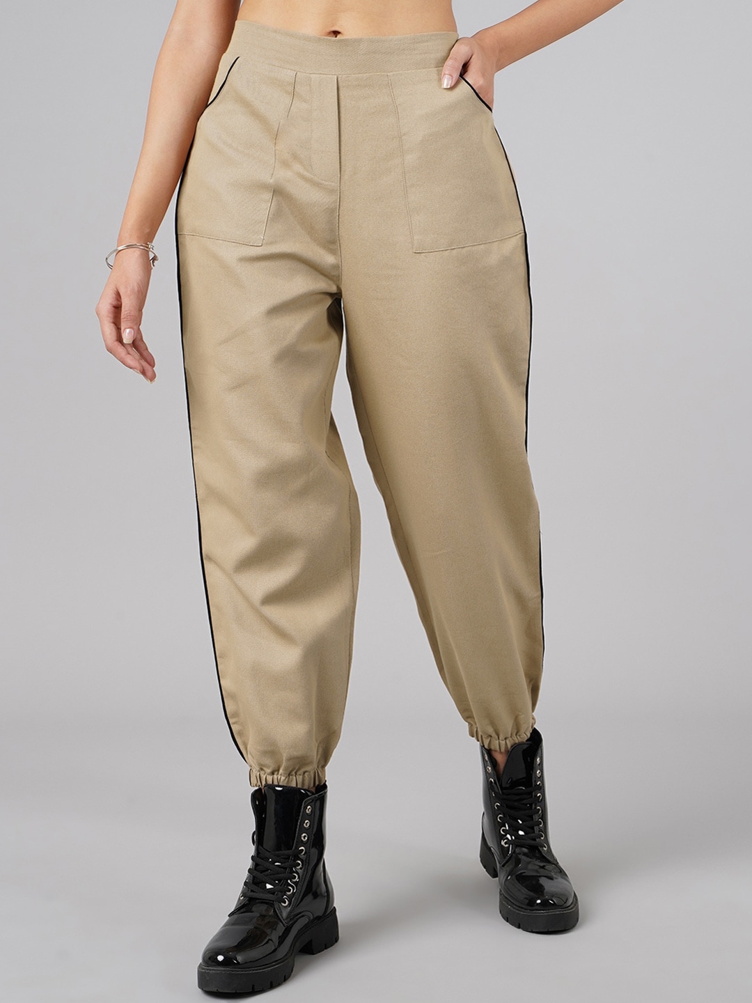 DressBerry Women Beige High-Rise Joggers Trousers Price in India