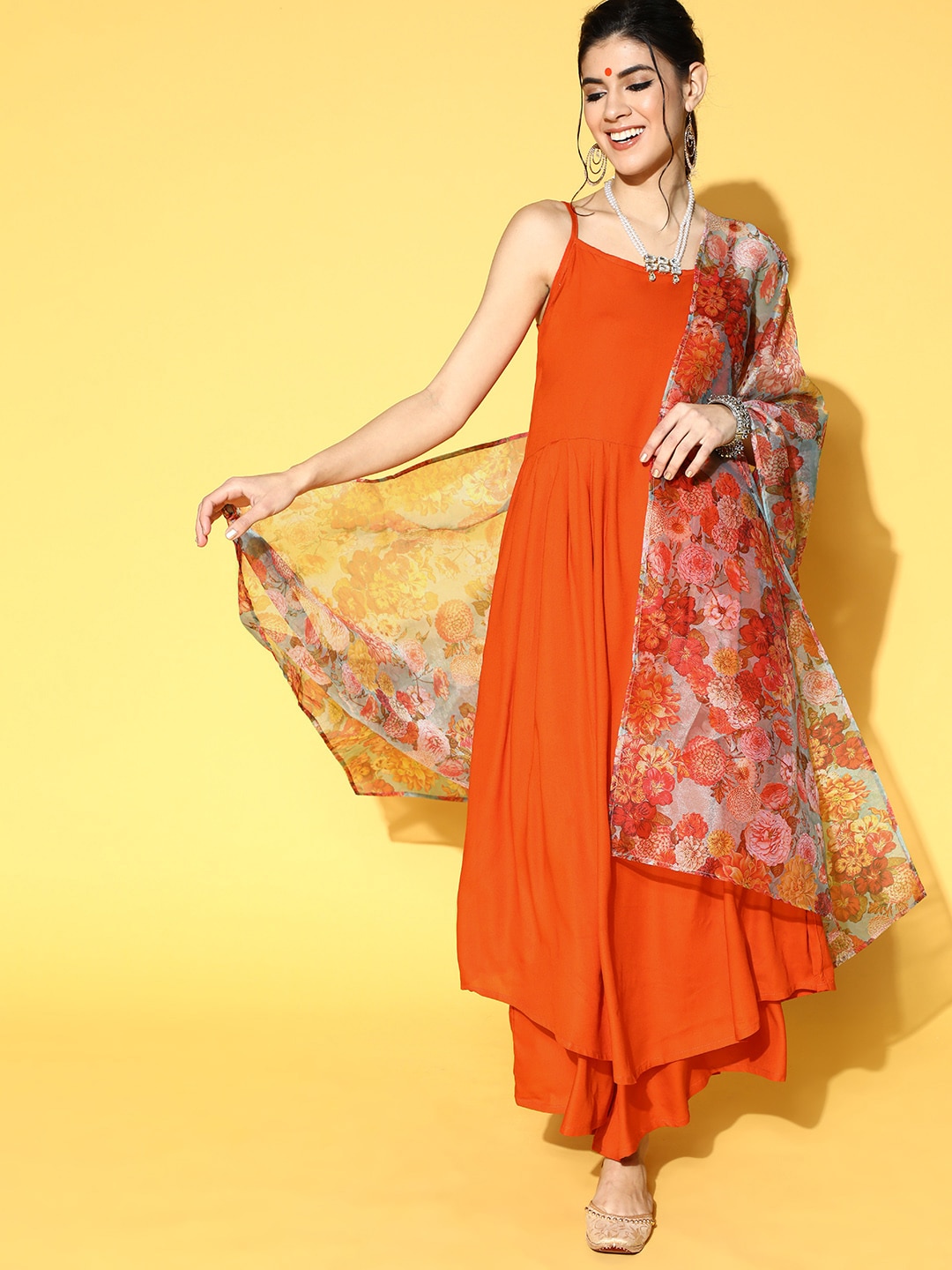 InWeave Women Orange Solid Kurta with Palazzos & Floral Print Dupatta Price in India