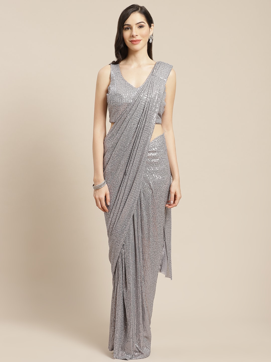 Mitera Grey Sequinned Ready to Wear Saree Price in India