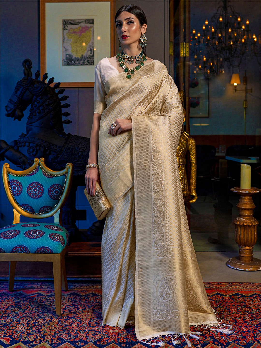 Mitera Cream-Coloured & Gold-Toned Ethnic Motifs Zari Silk Blend Kanjeevaram Saree Price in India