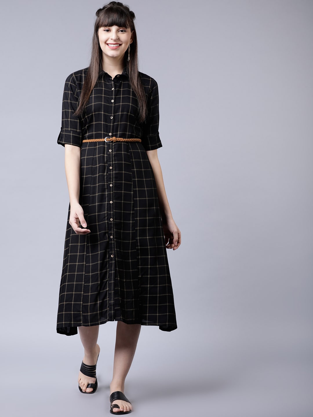 Vishudh Black & White Checked Shirt Dress With Belt Price in India