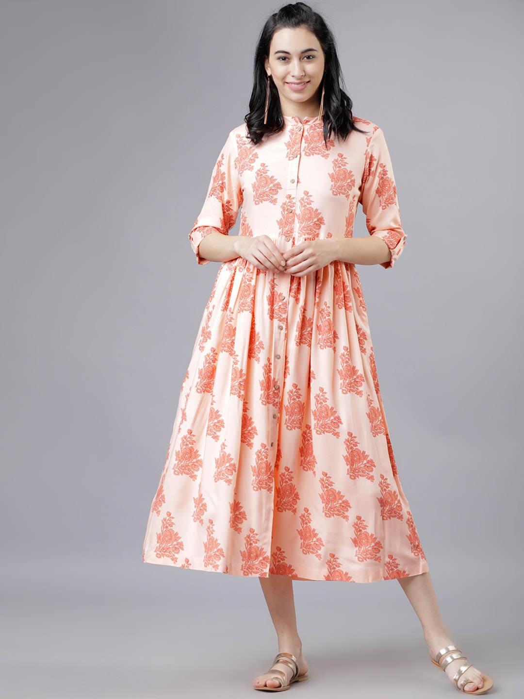 Vishudh Women Peach-Coloured Floral Print Fit and Flare Dress Price in India