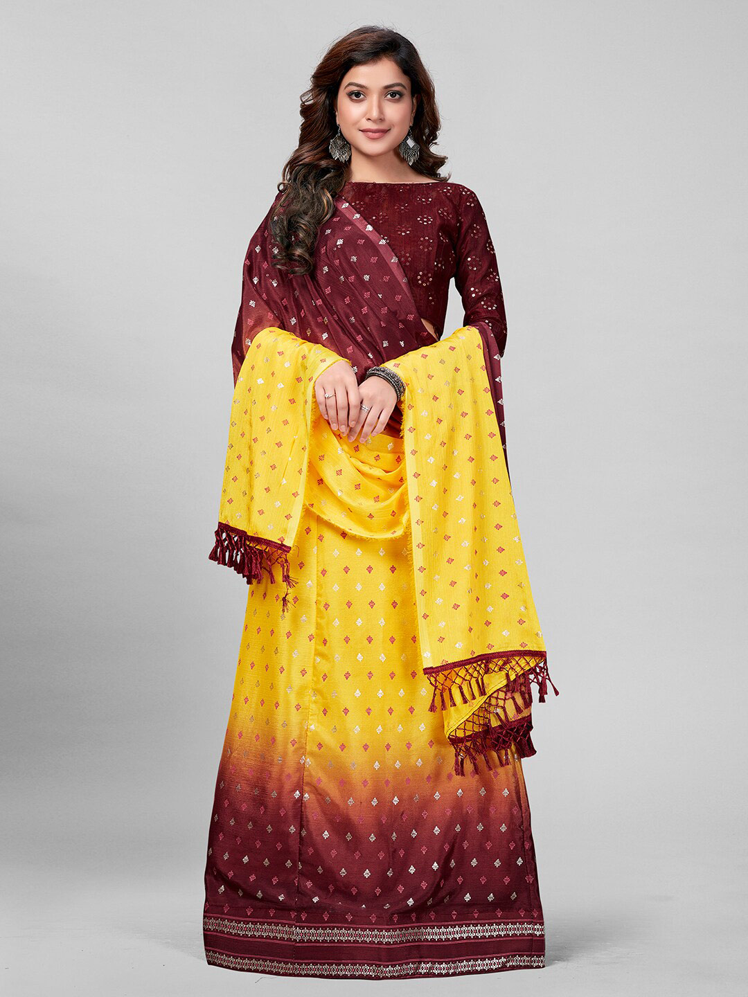Granthva Fab Yellow & Brown Embroidered Semi-Stitched Lehenga & Unstitched Blouse With Dupatta Price in India