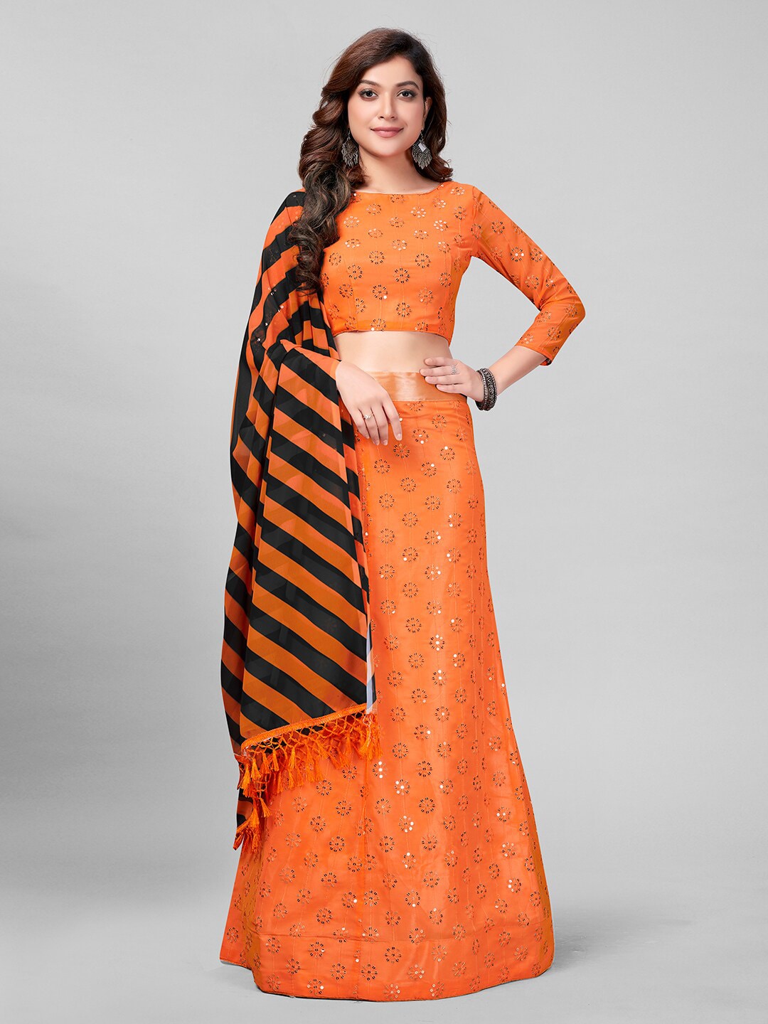 Granthva Fab Orange & Black Embroidered Sequinned Semi-Stitched Lehenga & Unstitched Blouse With Dupatta Price in India