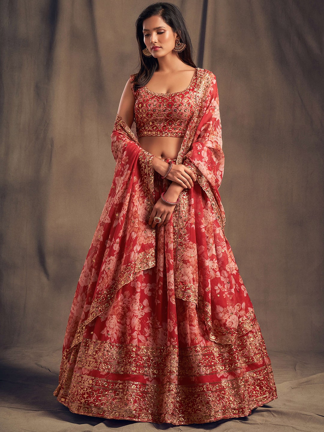 FABPIXEL Red & Gold-Toned Embroidered Sequinned Shibori Semi-Stitched Lehenga & Unstitched Blouse With Price in India