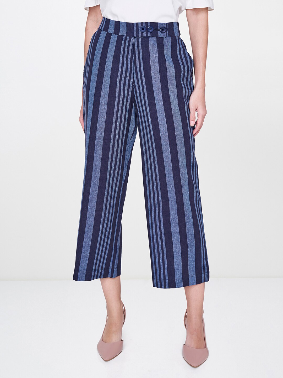 AND Women Navy Blue Striped Slim Fit Easy Wash Linen Trousers Price in India