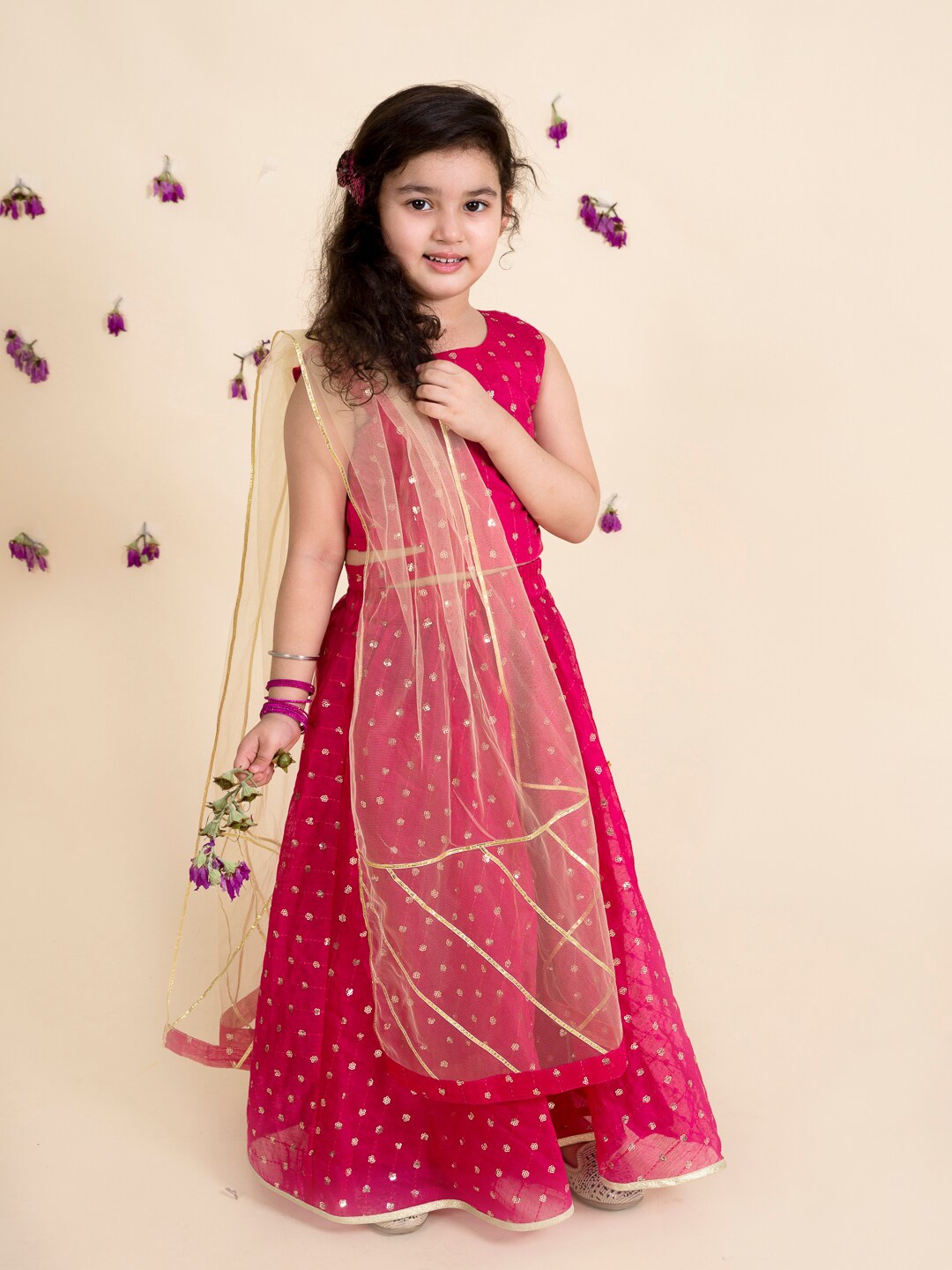 pspeaches Girls Magenta & Gold-Toned Embellished Ready to Wear Lehenga & Blouse With Dupatta Price in India